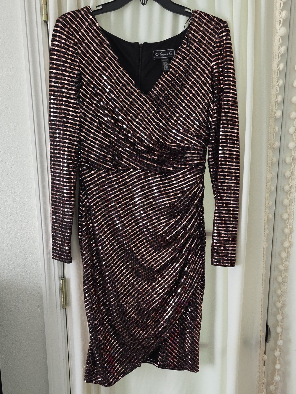 Black and Rose Gold Sequin Wrap-Front Long Sleeve Dress